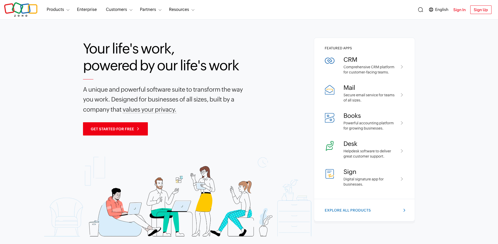 Zoho homepage screenshot