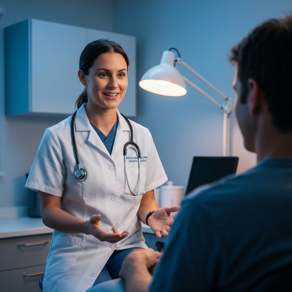 Chiropractor practitioner speaking with patient