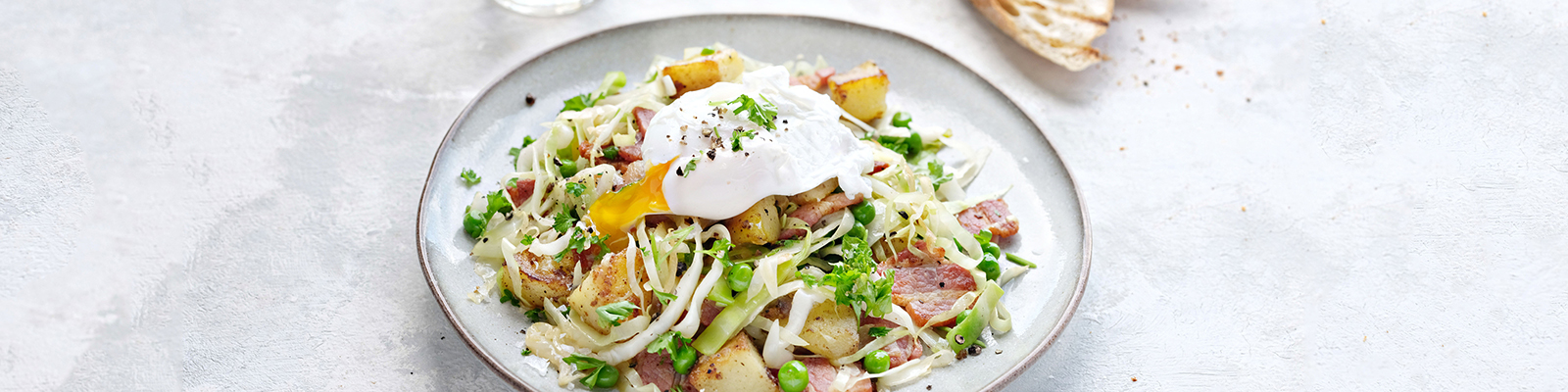 Poached Egg with Bacon, Cabbage & Pea Potato Hash