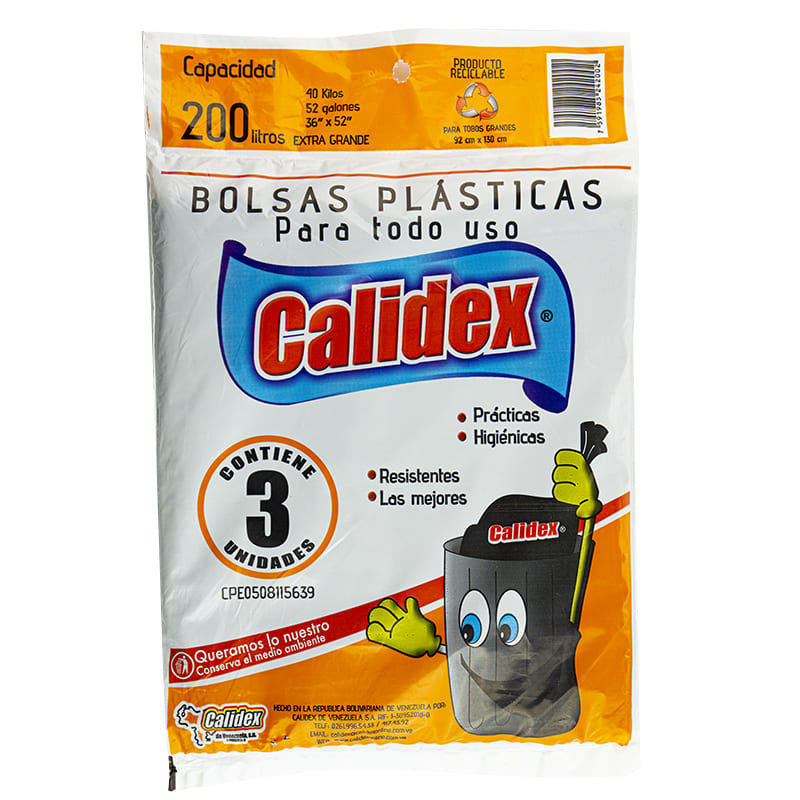 BOLSA MULTIUSO PREMIUN CALIDEX 3 UNIDADES. CAPACIDAD 200 LITROS