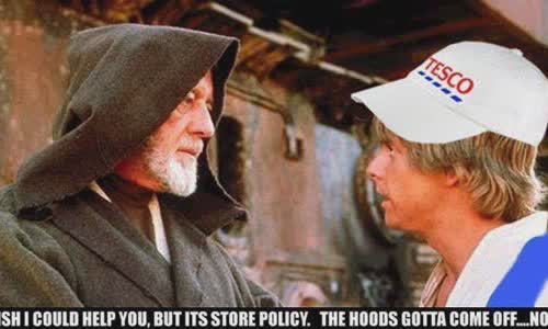 Tesco forbing Jedi Knight for wearing his hood