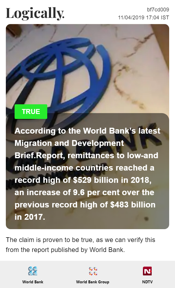 According to the report, remittances to low-and middle-income countries reached a record high of $529 billion in 2018, an increase of 9.6 per cent over the previous record high of $483 billion in 2017