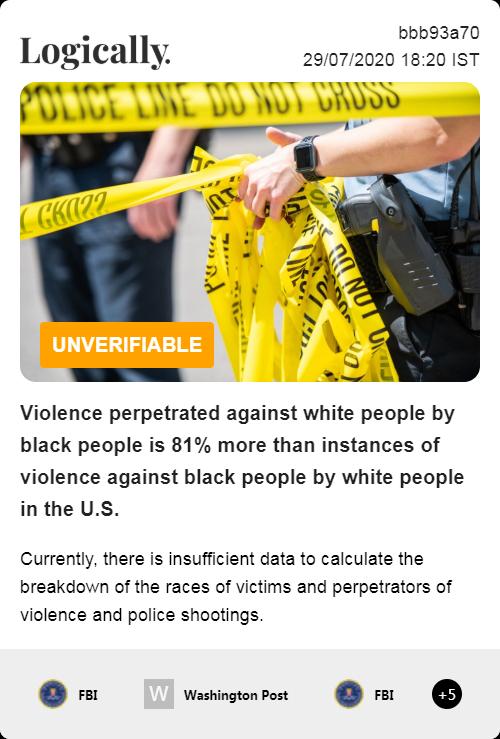 Violence perpetrated against white people by black people is 81% more than instances of violence against black people by white people in the U.S.