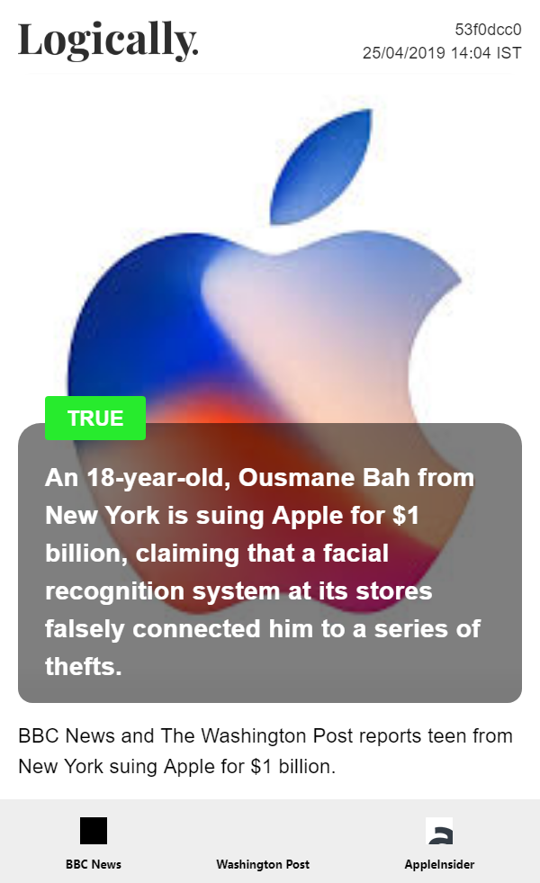 An 18-year-old from New York is suing Apple for $1 billion, claiming that a facial recognition system at its stores falsely connected him to a series of thefts.