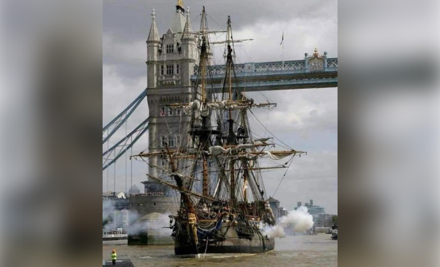 This image shows a 282-year-old East India Company ship returning to London for the first time since 1787.