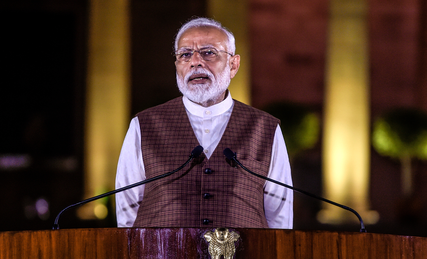 The New York Stock Exchange displayed a message stating "Modi wins landslide election victory in India's biggest state."