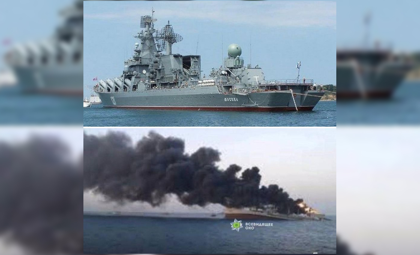 This image shows the aftermath of Ukraine's attack on Moskva, a Russian missile cruiser.