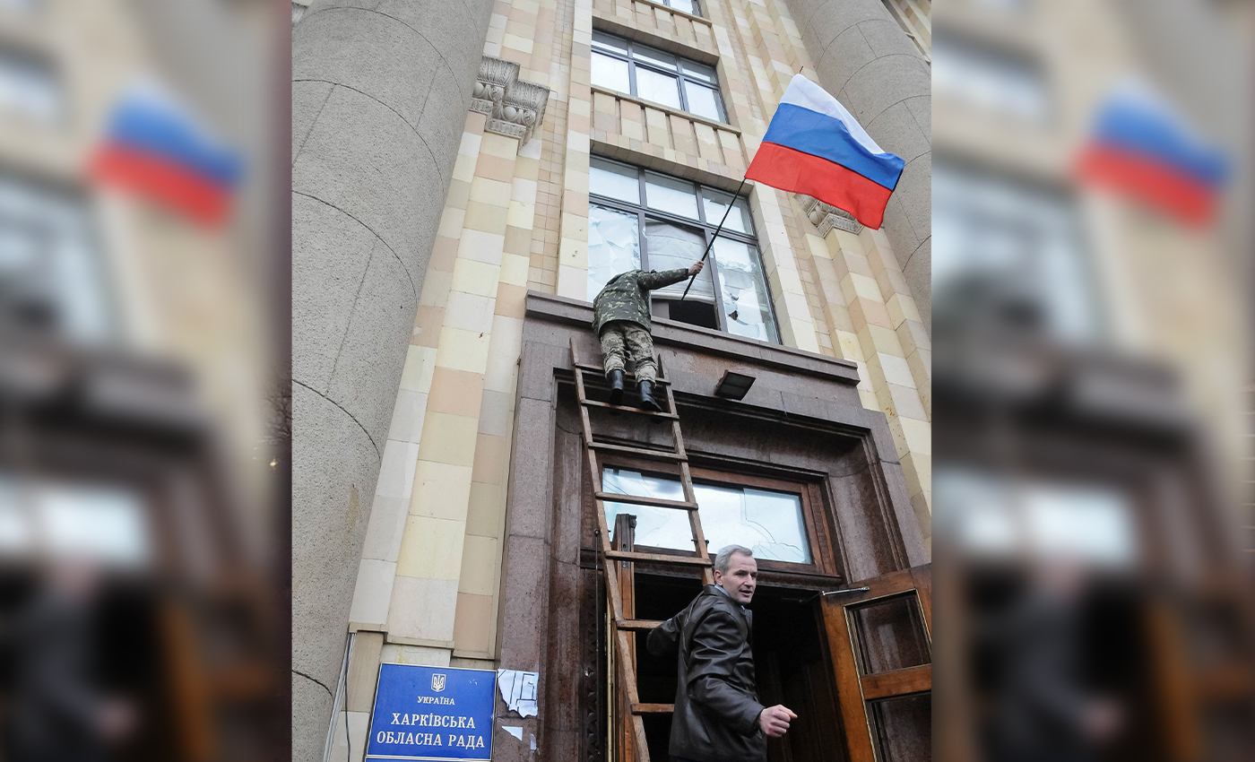 In 2022, Russian troops hoisted a flag on a public building in Kharkiv, Ukraine.