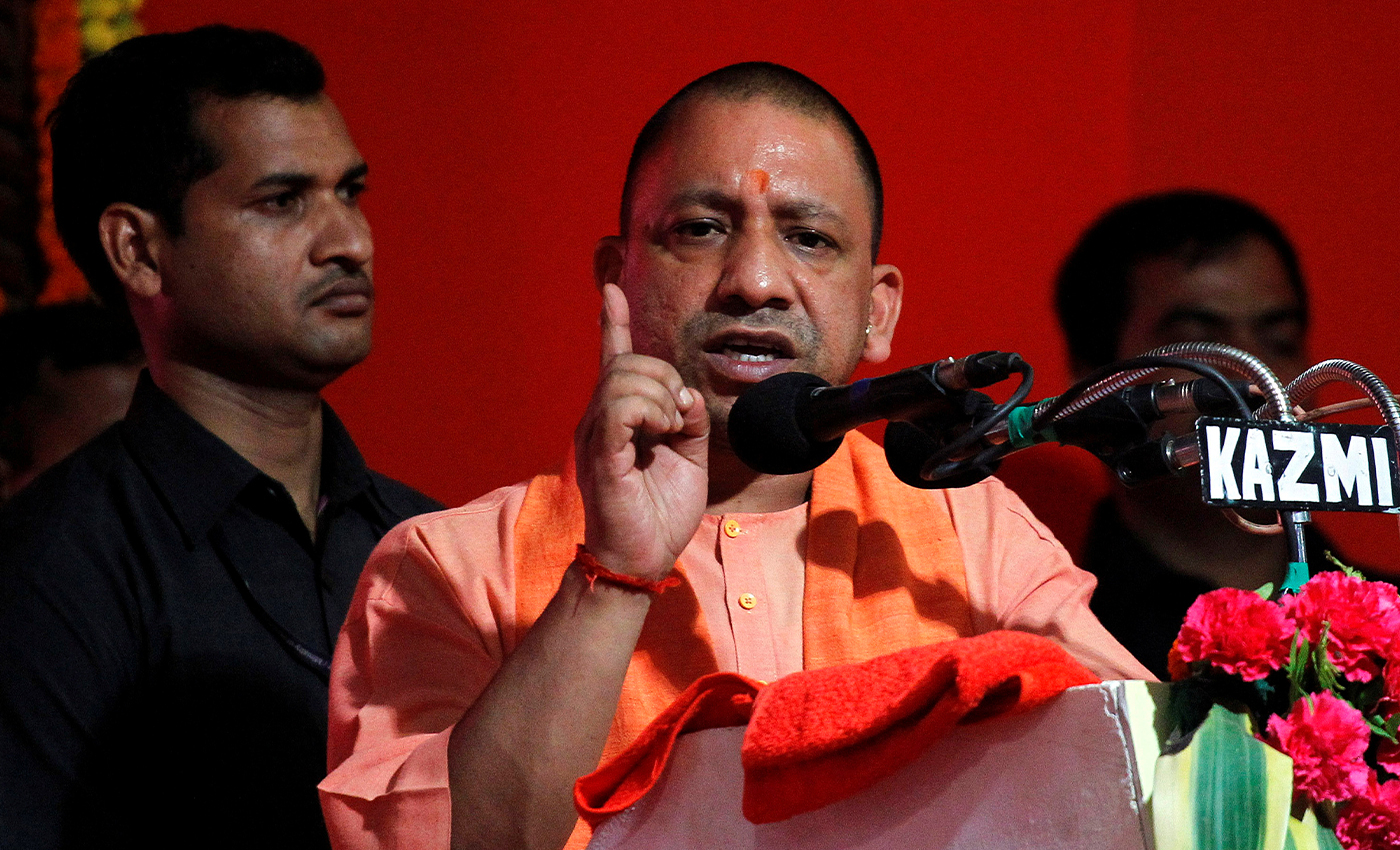 UP chief minister Yogi Adithyanath was welcomed in Kerala by supporter who formed a human formation of the BJP logo.