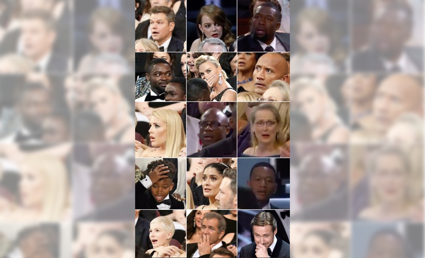 This image shows attendees of the 2022 Oscars reacting to Will Smith slapping Chris Rock.