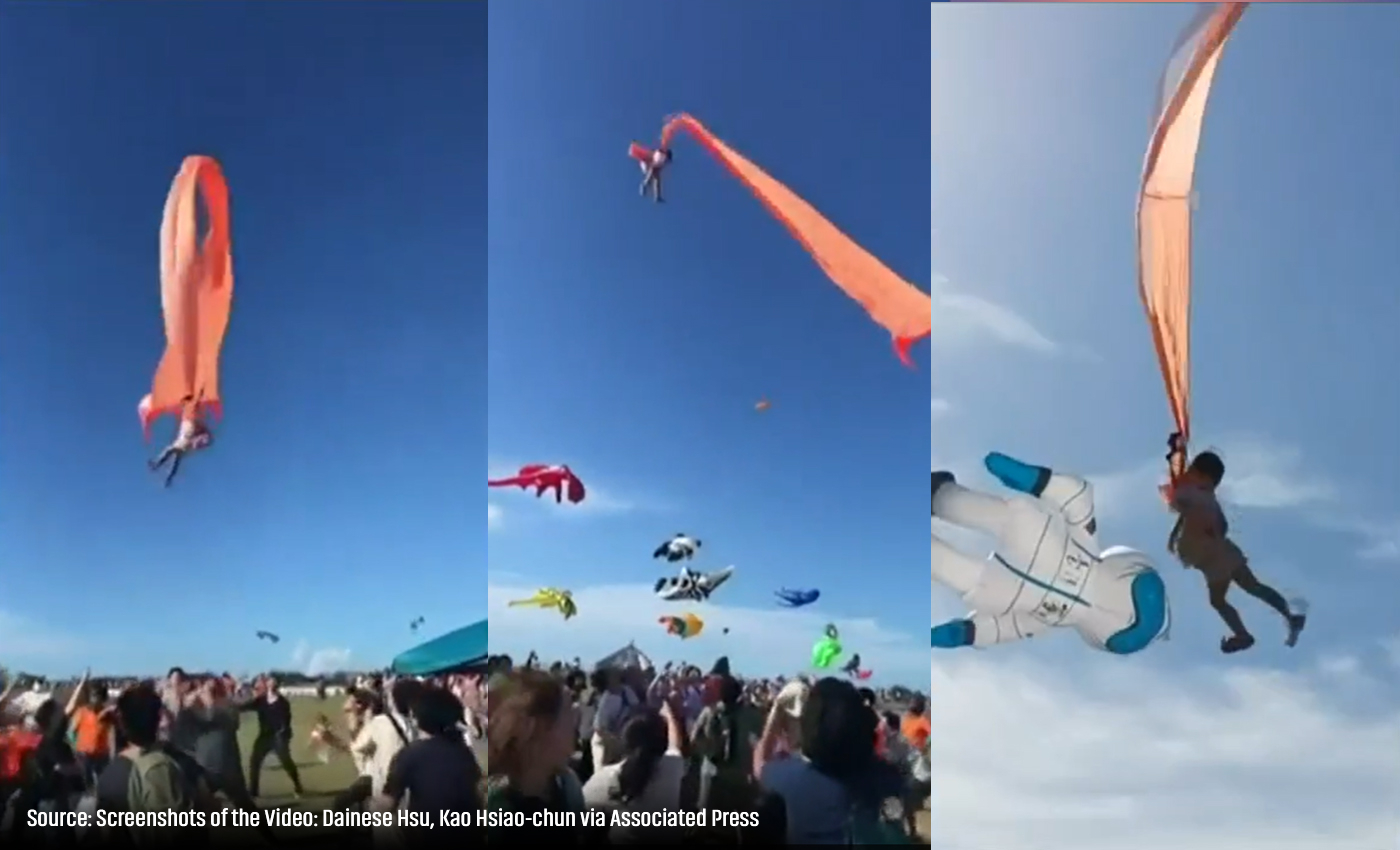 A child in Taiwan was caught in a kite and swept high into the air.