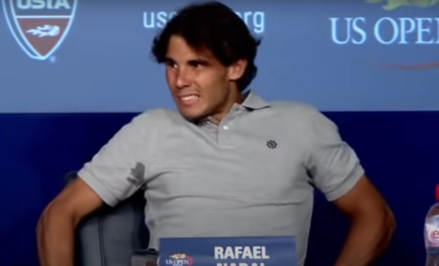 A video shows tennis ace Rafael Nadal collapsing at a press conference due to side effects from the COVID-19 vaccine.