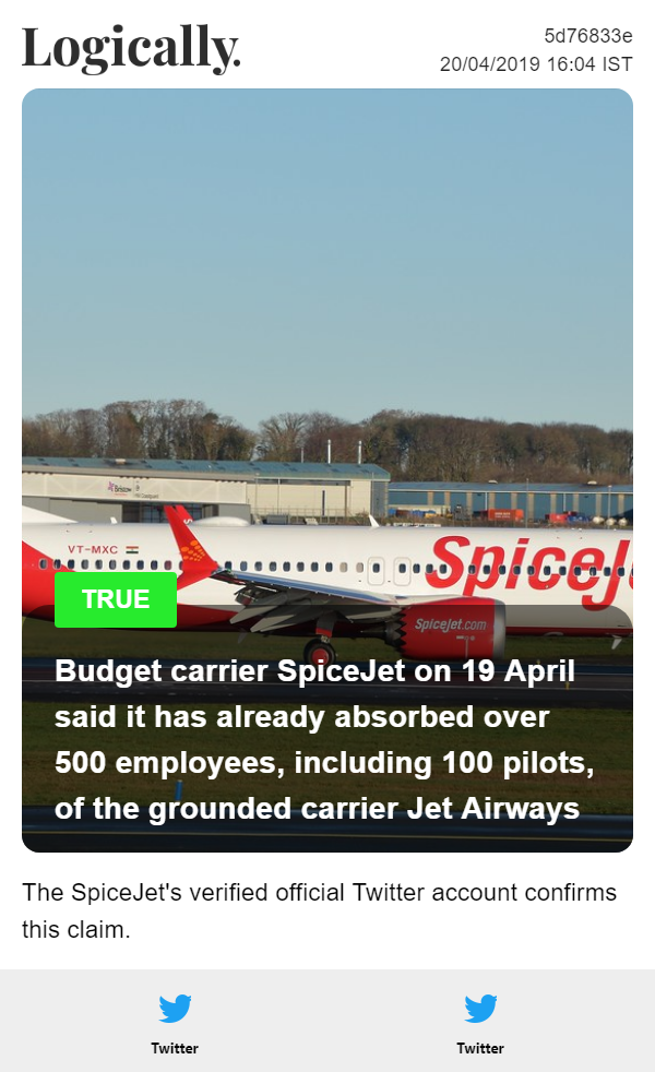 Budget carrier SpiceJet on Friday said it has already absorbed over 500 employees, including 100 pilots, of the grounded carrier Jet Airways