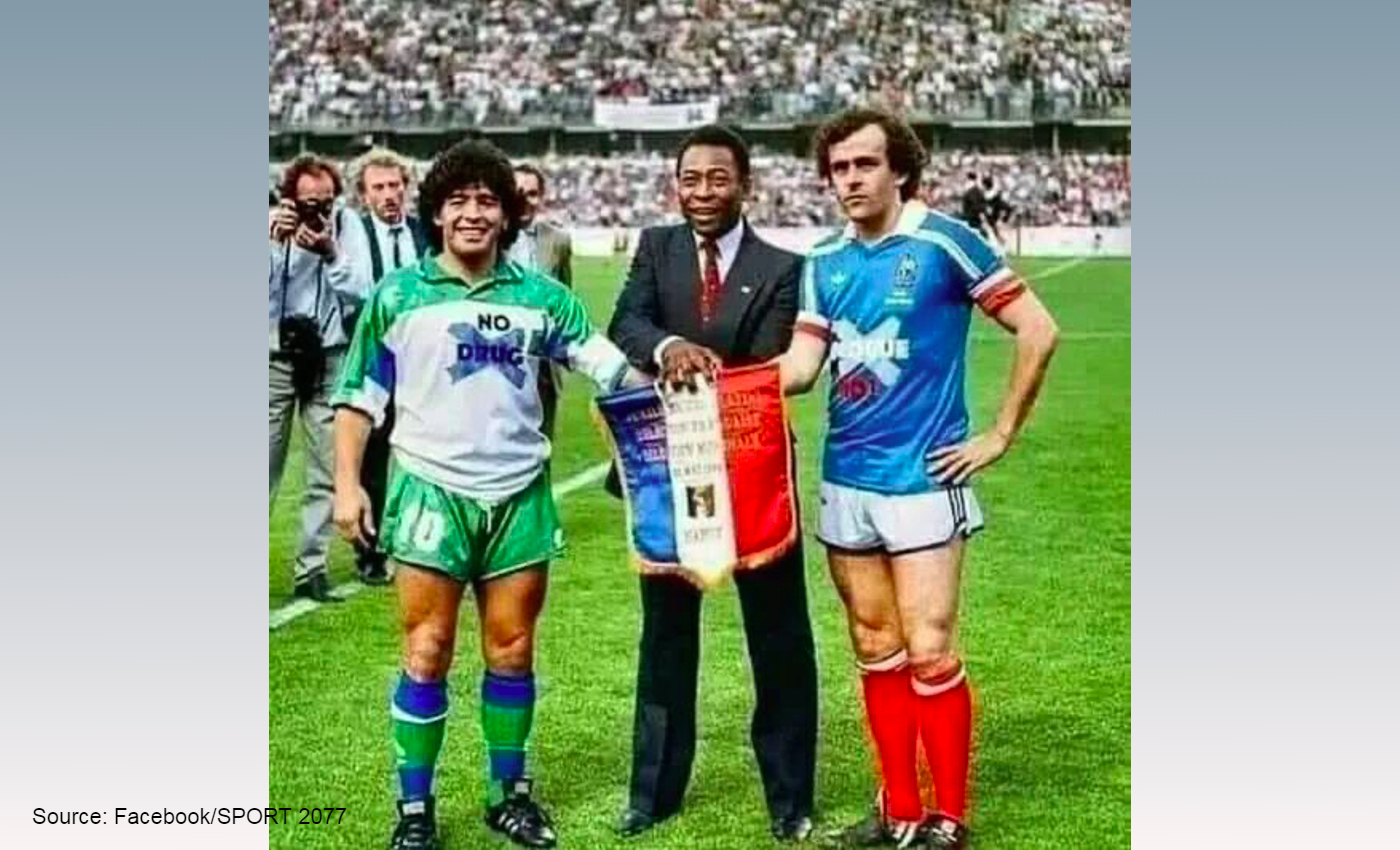 Footballers Maradona and Platini wore shirts with anti-drug and anti-corruption messaging respectively.