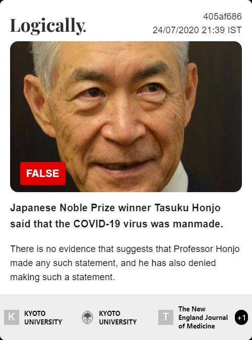 Japanese Noble Prize winner Tasuku Honjo said that the COVID-19 virus was manmade.