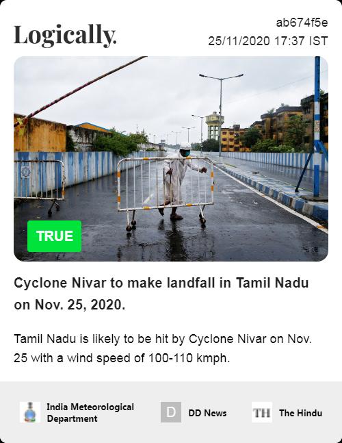 Cyclone Nivar to make landfall in Tamil Nadu on Nov. 25, 2020.