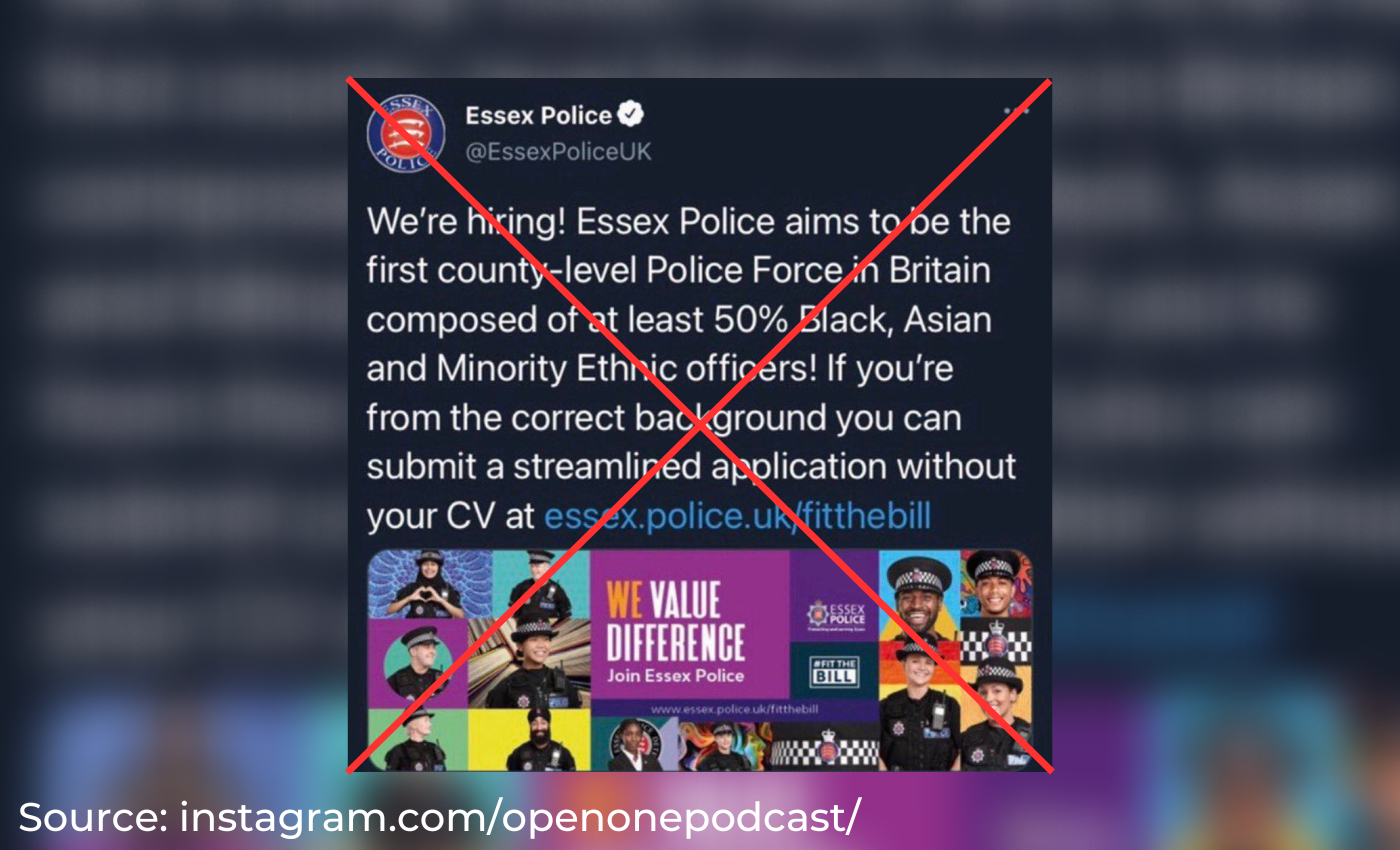An Essex Police job advertisement calls for 'streamlined applications' from people with the 'correct' minority background.