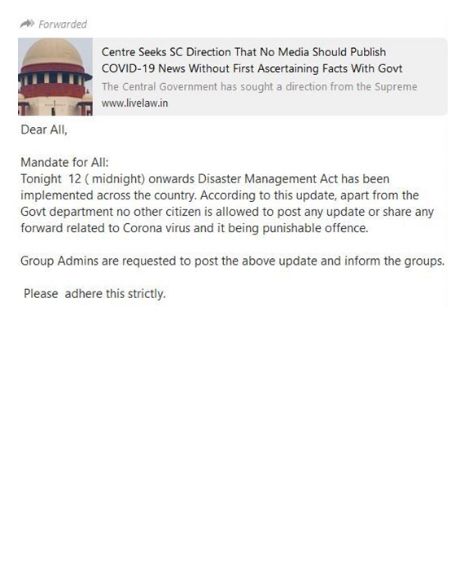 Disaster Management Act, 2005 restricts citizens to post updates on COVID-19.