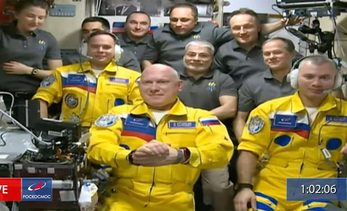 Three Russian astronauts arrived at the International Space Station wearing yellow suits with blue details to show their support for Ukraine.