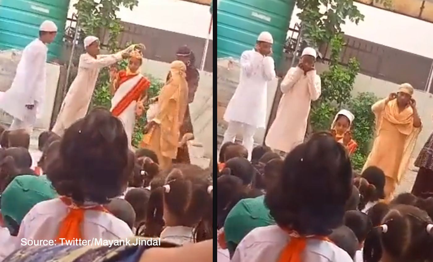 Children replaced the crown of a student playing Bharat Mata with a hijab and forced her to offer namaz at a Lucknow school event.