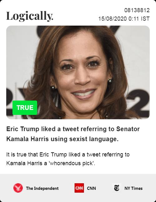 Eric Trump liked a tweet referring to Senator Kamala Harris using sexist language.