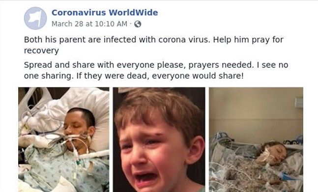 An image of a crying boy and two others showing a woman and a man in hospital beds claim that the boy's parents are infected with the COVID-19.
