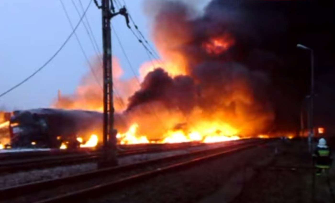 An image shows Ukrakine's Bayraktar TB2 drone struck a fuel train from Belarus during the Russian invasion.
