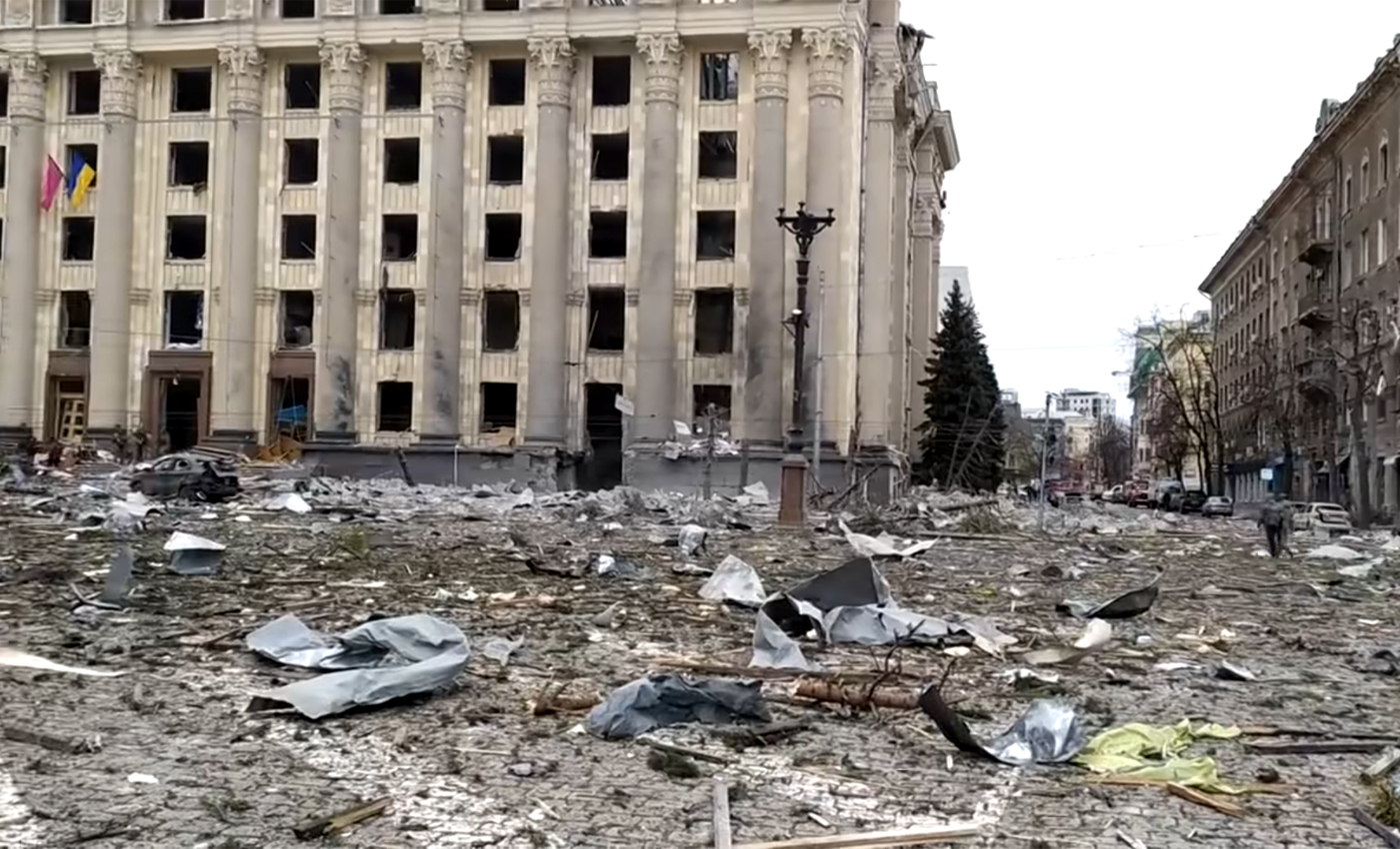 A Russian missile hit a government building in Kharkiv, Ukraine.