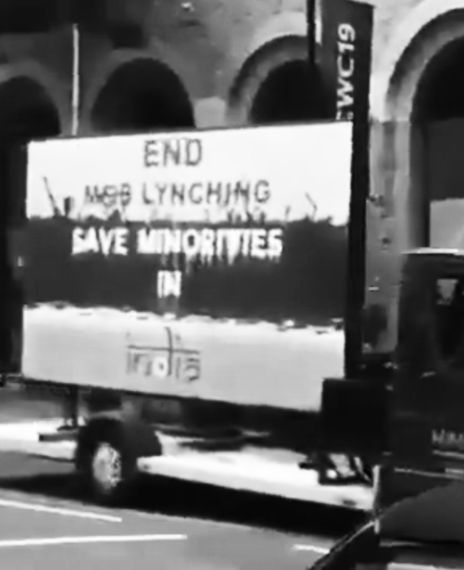 A van carrying a board saying 'save minorities in India' was seen outside the Lord's Cricket ground during the ICC Cricket World Cup final 2019.