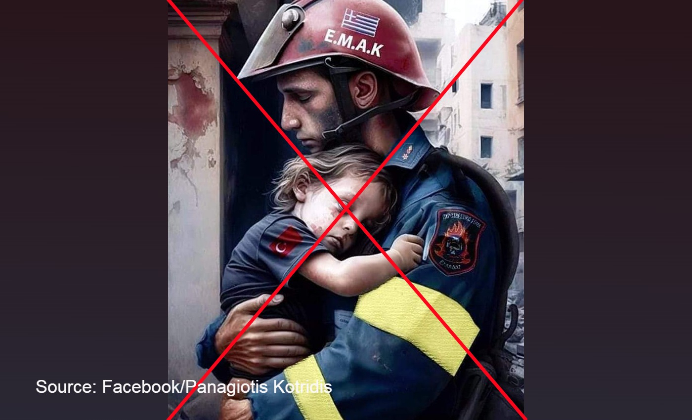 This image shows a Greek firefighter holding a child amid the aftermath of the Turkey earthquake.