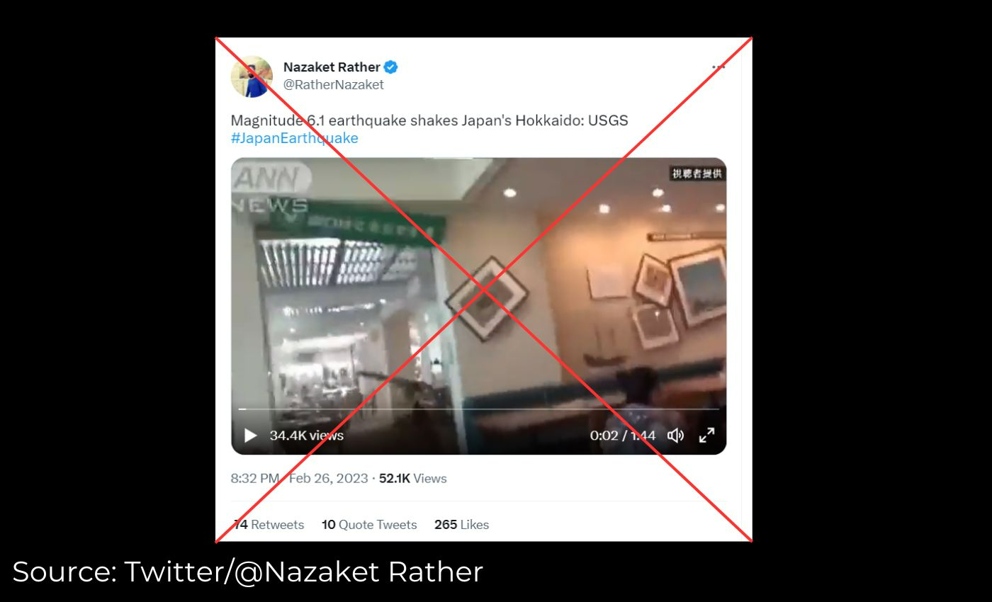 The video shows an earthquake that struck Hokkaido, Japan, on February 25, 2023.