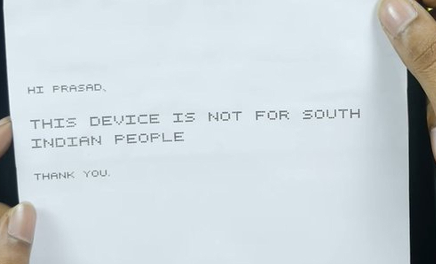 A Nothing Phone (1)'s unboxing video showed a note from the company stating that the "device is not for South Indians.