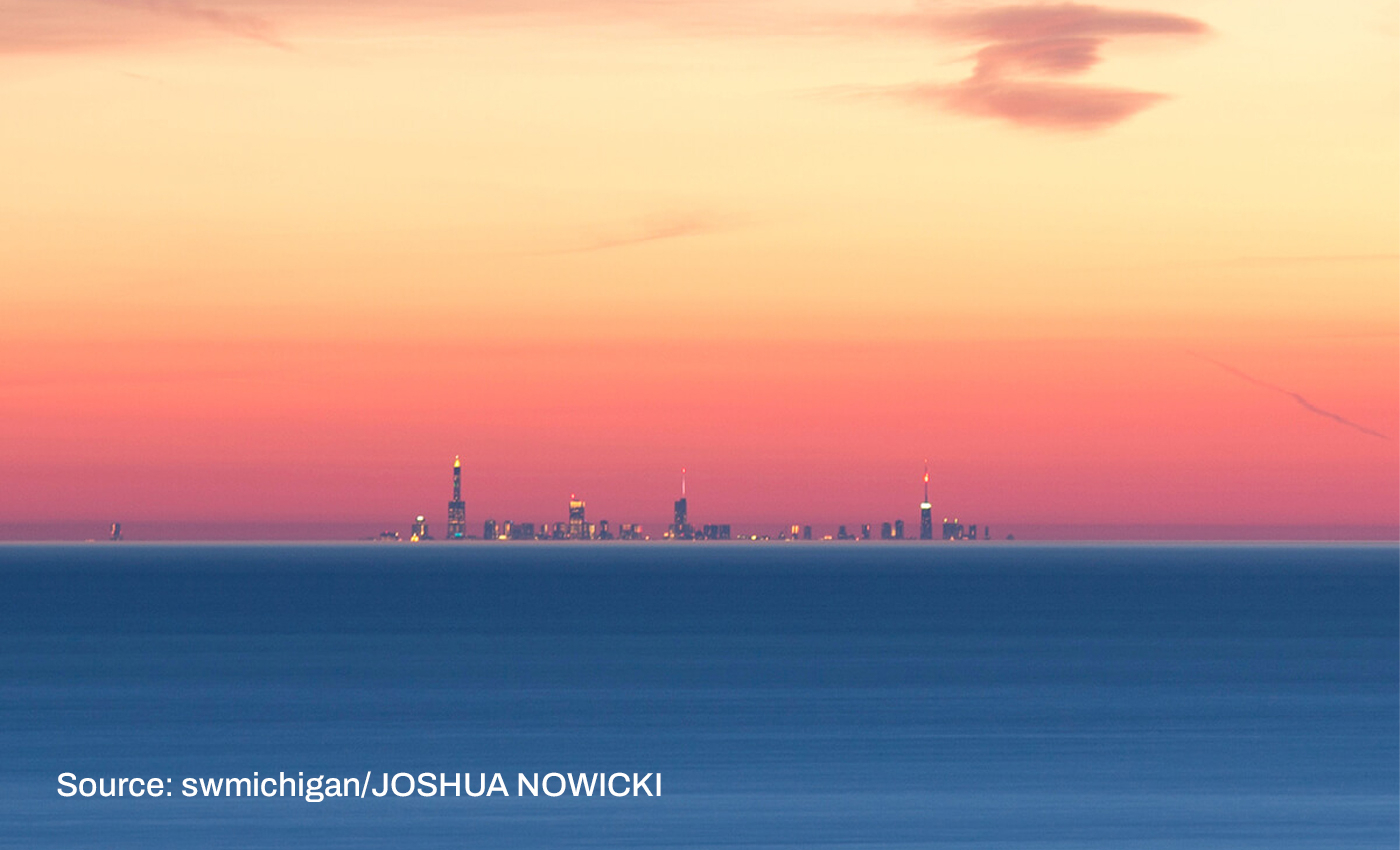 A video shows the entire Chicago skyline, as seen from the Indiana dunes because the Earth is flat.