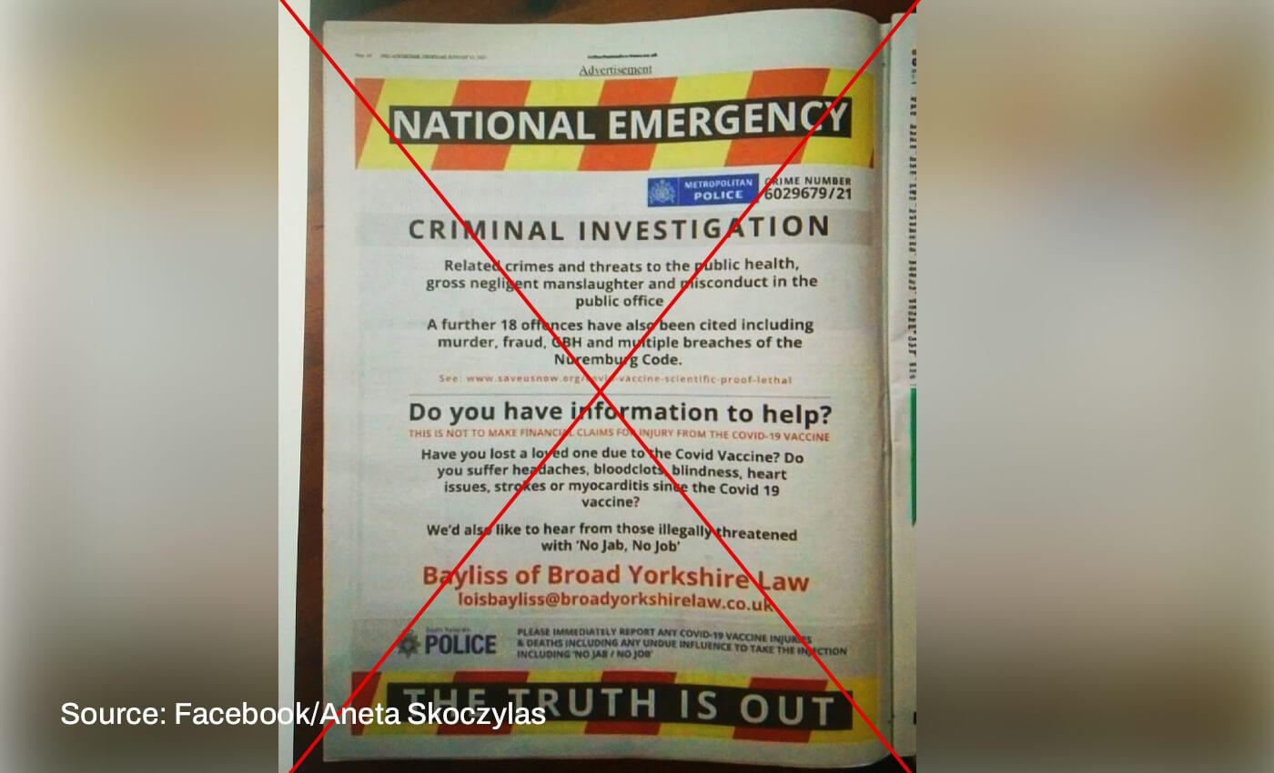 The Met Police published an advertisement about an investigation on how COVID-19 vaccines kill people in the Rotherham Advertiser.