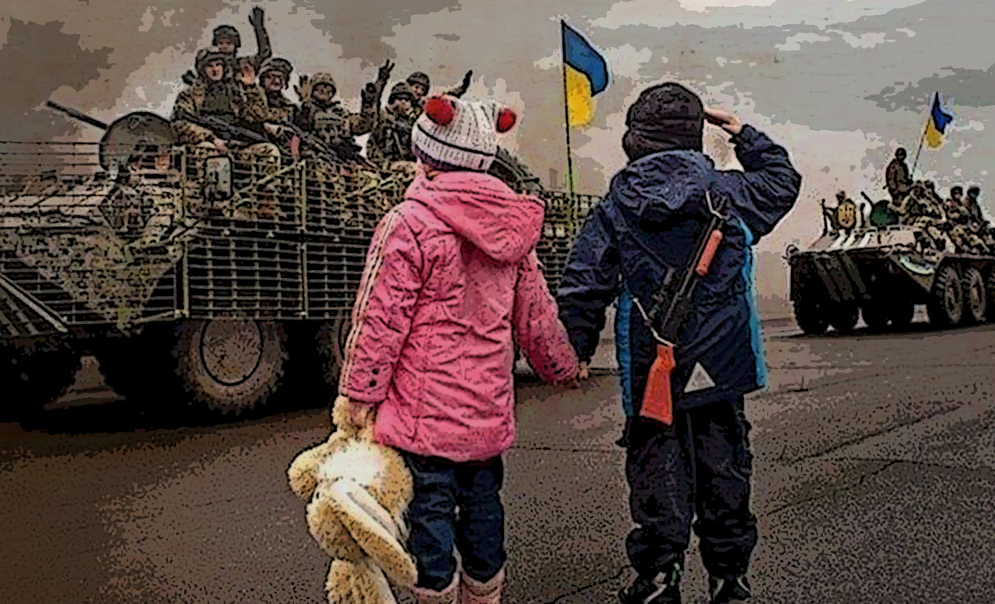 An image shows children saying goodbye to Ukrainian soldiers fighting against the Russian invasion.