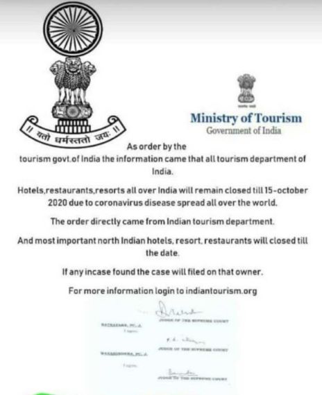 Ministry of Tourism in India announced hotels will remain closed till 15 October 2020.