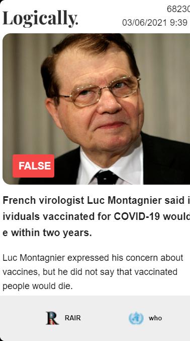 French virologist Luc Montagnier said individuals vaccinated for COVID-19 would die within two years.