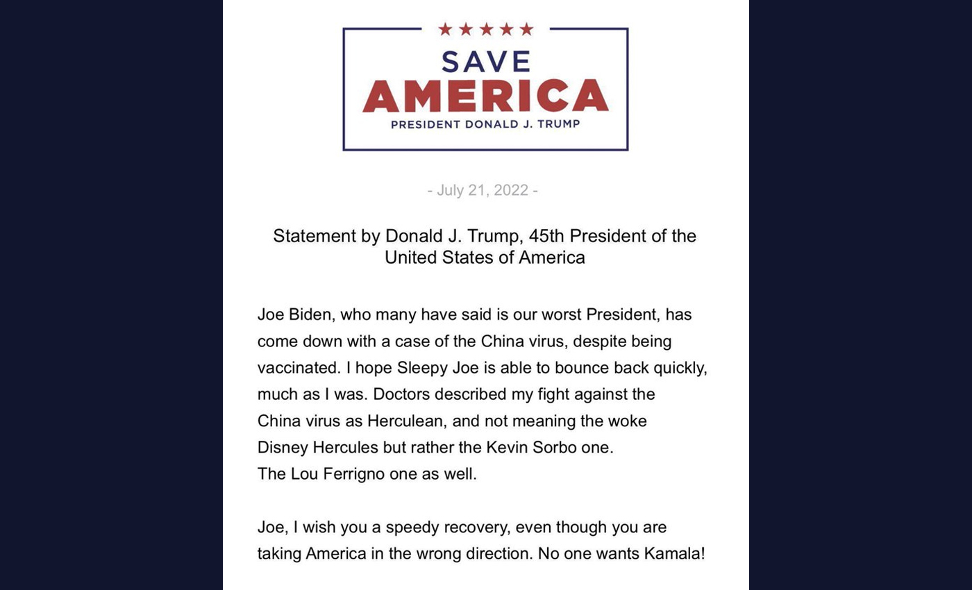 Donald Trump released a statement on President Biden's health after the latter tested positive for COVID-19.