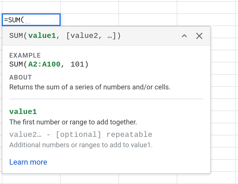 Screenshot of a help widget in Google Sheets displaying documentation for the SUM() function.