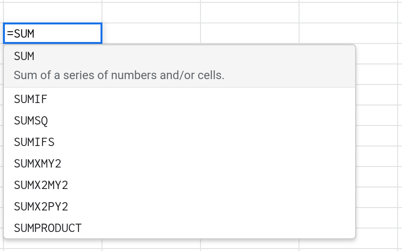 Screenshot of an autocomplete dialog in Google Sheets that appears while typing the name of a function in a formula.