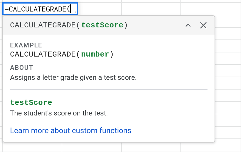 Screenshot of a help widget in Google Sheets displaying documentation for the CALCULATEGRADE() custom function.
