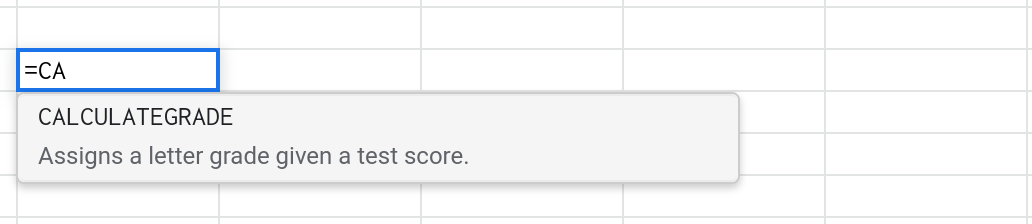 Screenshot of an autocomplete dialog in Google Sheets that appears while typing the name of a function in a formula.