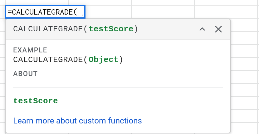 Screenshot of a help widget in Google Sheets displaying documentation for the CALCULATEGRADE() custom function.