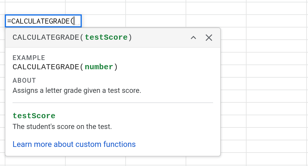 Screenshot of a help widget in Google Sheets displaying documentation for the CALCULATEGRADE() custom function.