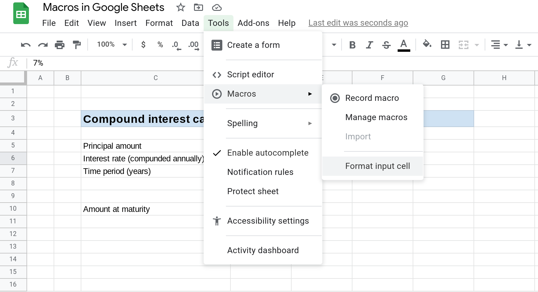 A screenshot of a Google Sheets spreadsheet showing the Tools --> Macros menu open and the "Format input cell" macro selected.