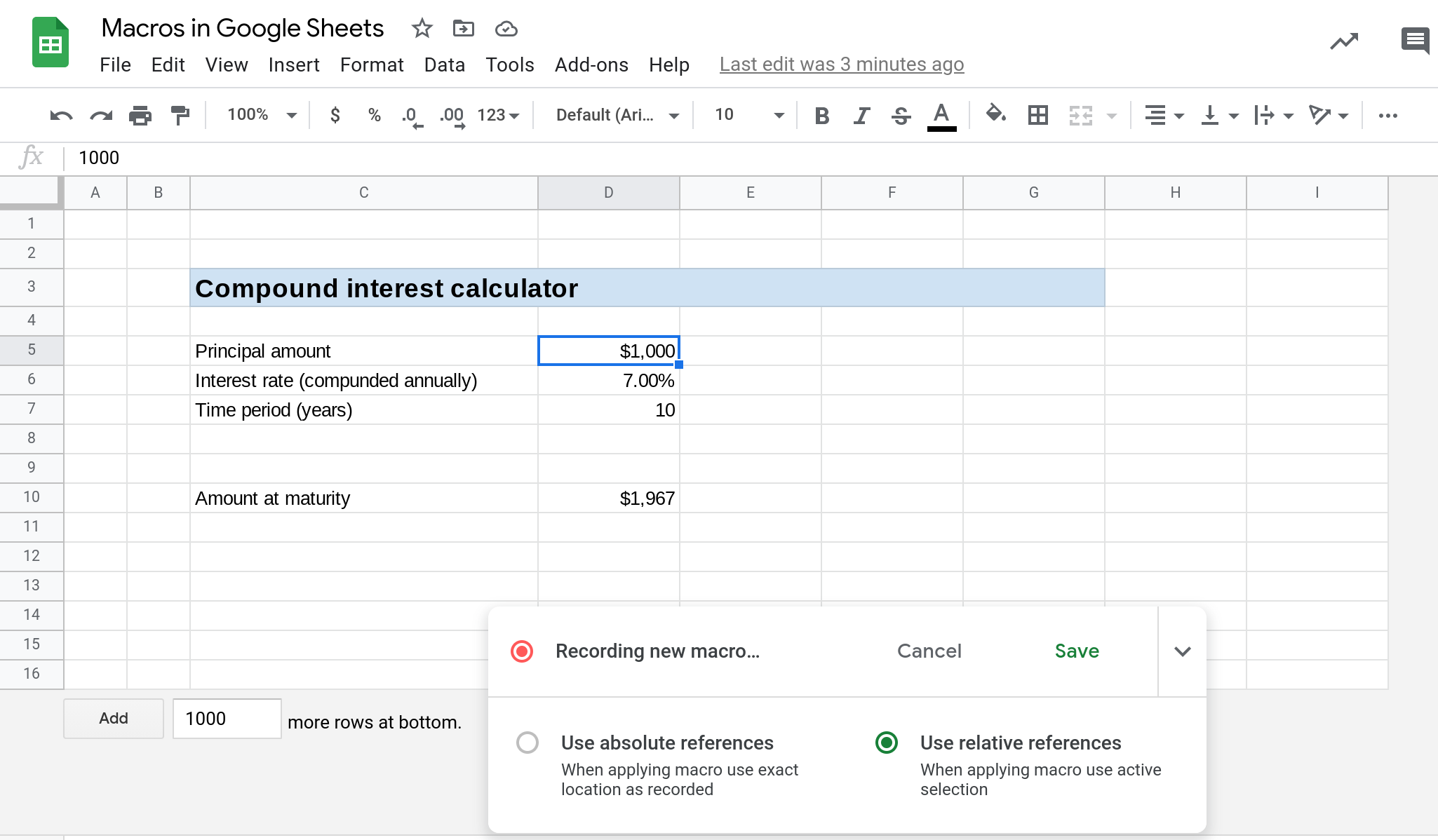 A screenshot showing a macro being recorded in Google Sheets.