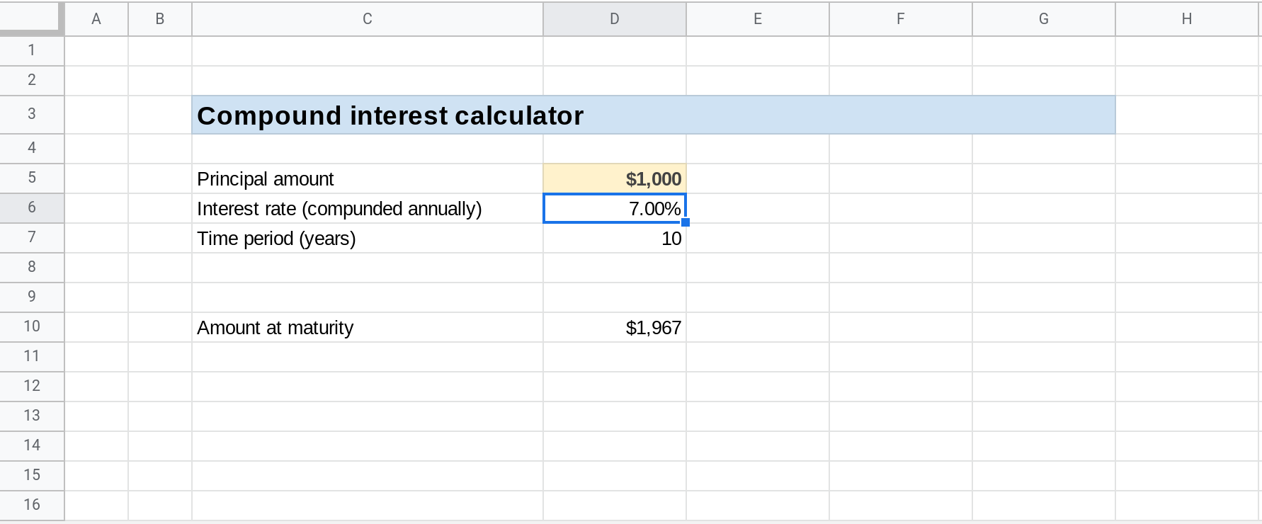 A screenshot of a Google Sheets spreadsheet. The cell D6 is selected.