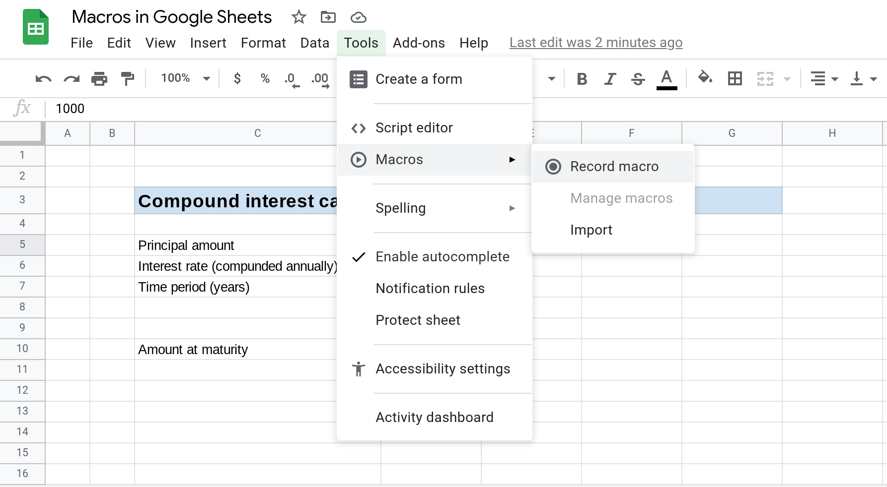 A screenshot of Google Sheets that shows the Tools --> Macros menu open and the Record macro menu item selected.