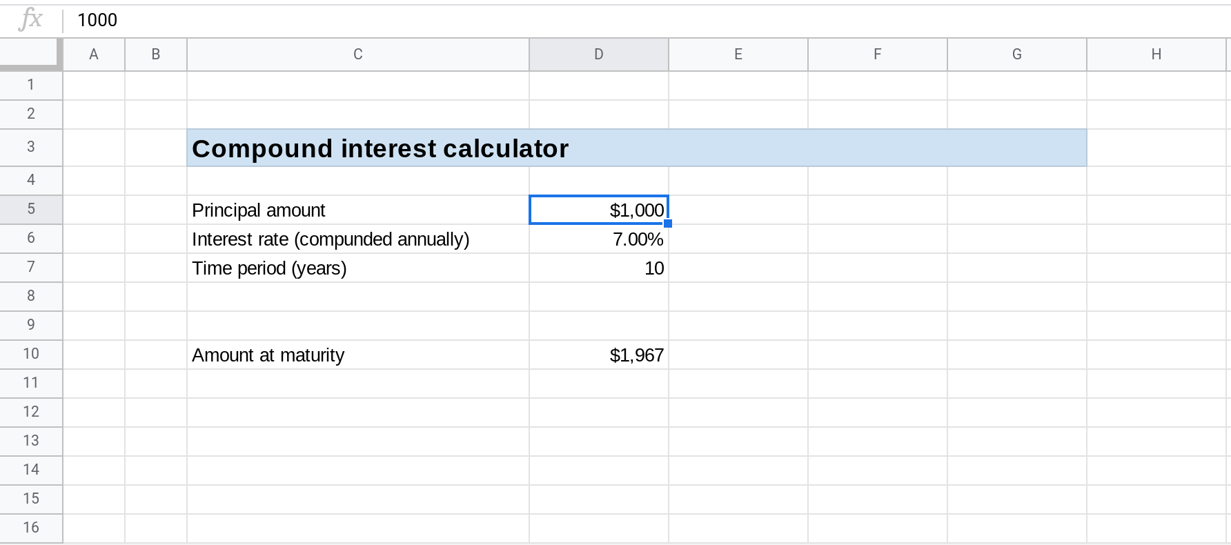 A screenshot of Google Sheets where cell D5 is selected.