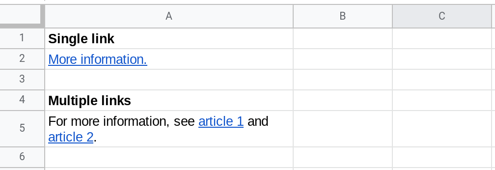 Screenshot of a Google Sheets spreadsheet showing a cell containing multiple links.
